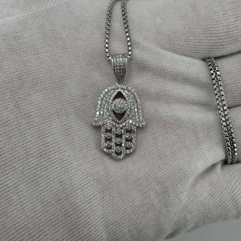 925 Sterling Silver White Gold Dipped Hamsa Hand Pendant CZ Iced Appx 7g unisex